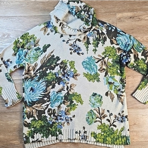 J. Jill Tan Green Turquoise Floral Knit Turtleneck Pullover Sz. L Sweater - Picture 10 of 14